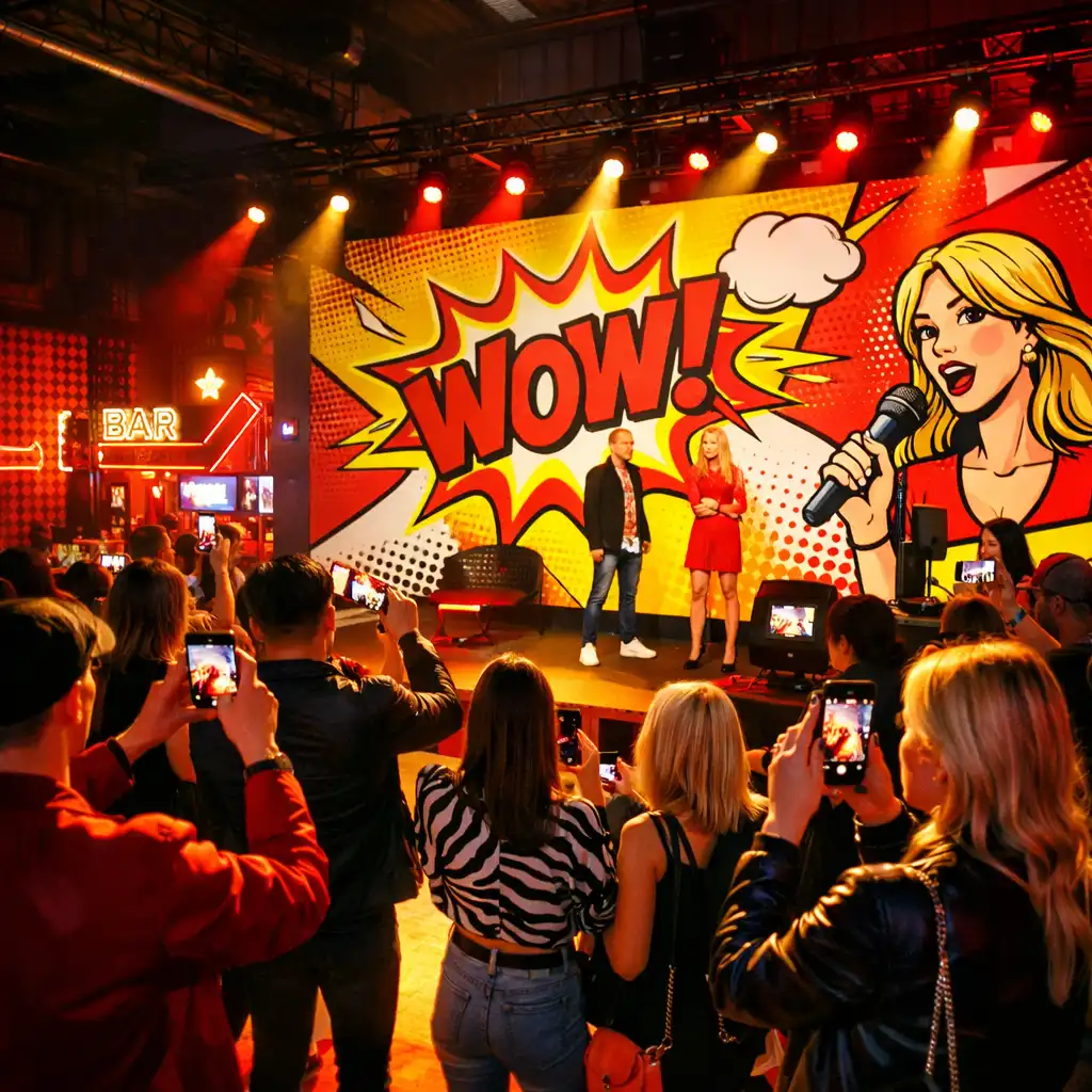 Event markowy dla marki odzieżowej w industrialnej hali z komiksową scenografią