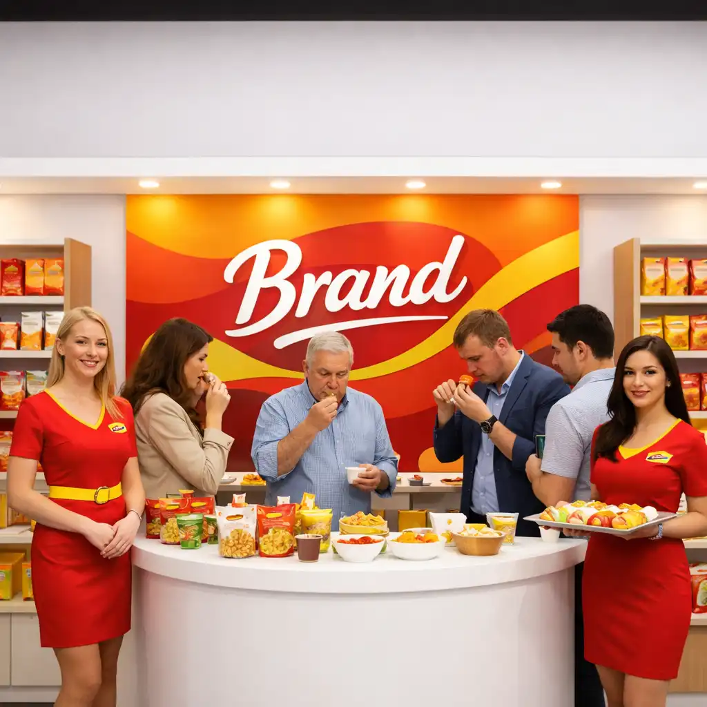 Stoisko z produktami i hostessy w uniformach podczas aktywacji marki