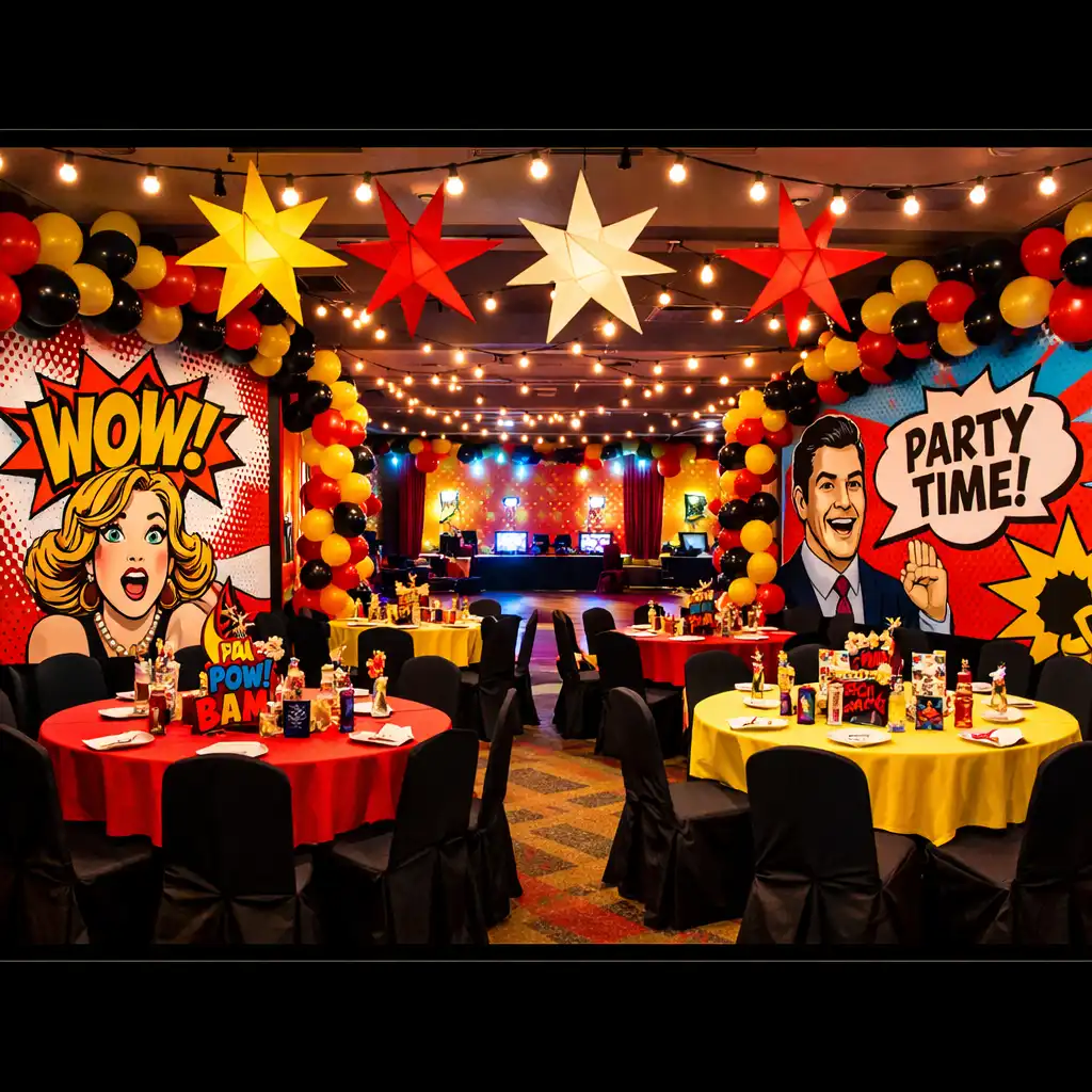 Sala udekorowana w stylu pop-art z balonami i girlandami